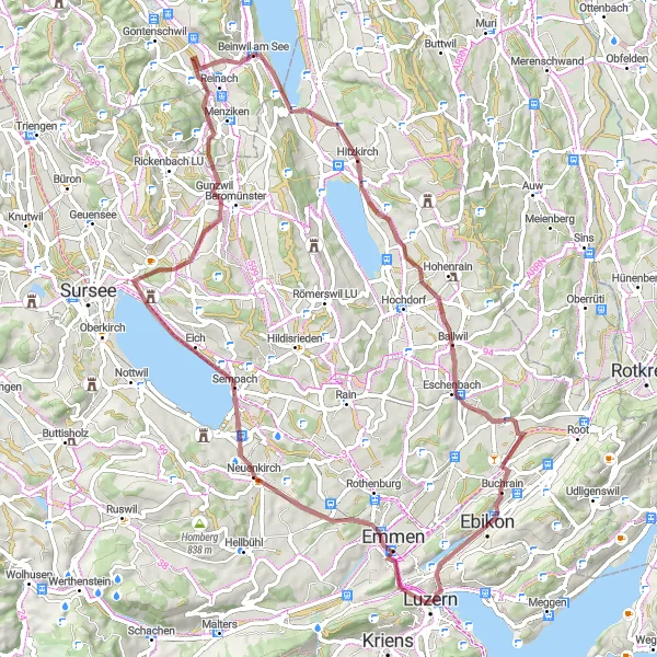 Miniatua del mapa de inspiración ciclista "Vuelta al Lago de Sempach" en Zentralschweiz, Switzerland. Generado por Tarmacs.app planificador de rutas ciclistas