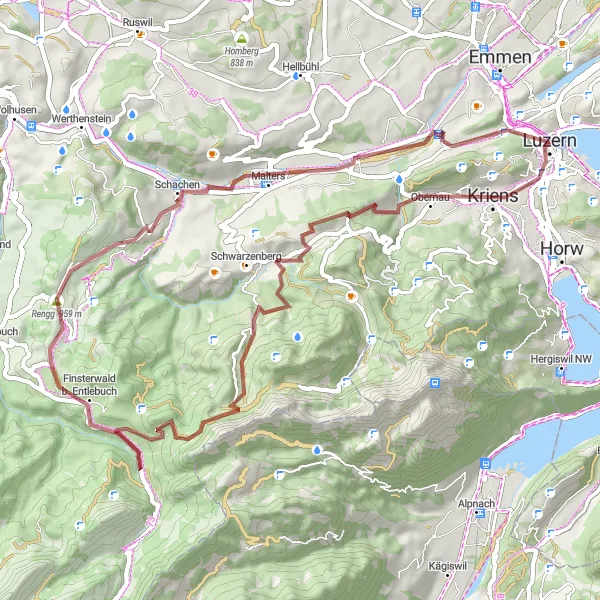 Miniatura della mappa di ispirazione al ciclismo "Giro gravel da Luzern all'Inseli" nella regione di Zentralschweiz, Switzerland. Generata da Tarmacs.app, pianificatore di rotte ciclistiche