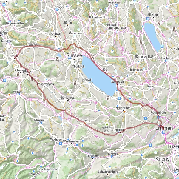 Map miniature of "Gravel Tour around Lake Sempach" cycling inspiration in Zentralschweiz, Switzerland. Generated by Tarmacs.app cycling route planner