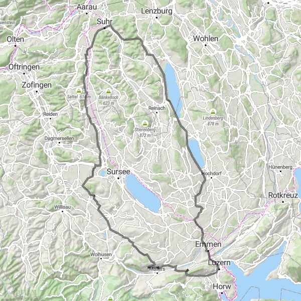 Kartminiatyr av "Historiska platser längs cykelvägen" cykelinspiration i Zentralschweiz, Switzerland. Genererad av Tarmacs.app cykelruttplanerare