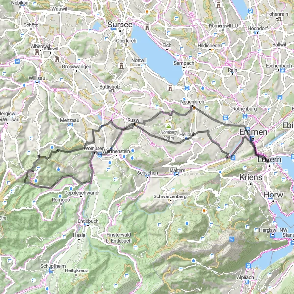 Map miniature of "Luzern to Hellbühl and back" cycling inspiration in Zentralschweiz, Switzerland. Generated by Tarmacs.app cycling route planner