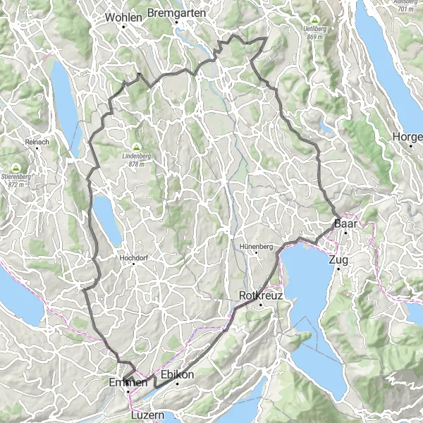 Map miniature of "Road Tour to Ermensee and Gisikon" cycling inspiration in Zentralschweiz, Switzerland. Generated by Tarmacs.app cycling route planner
