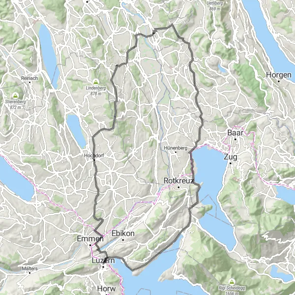 Mapa miniatúra "Cestná cyklotrasa v okolí Luzernu" cyklistická inšpirácia v Zentralschweiz, Switzerland. Vygenerované cyklistickým plánovačom trás Tarmacs.app