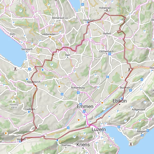 Miniaturní mapa "Cyklotrasa Neuenkirch - Gletschergarten-Turm" inspirace pro cyklisty v oblasti Zentralschweiz, Switzerland. Vytvořeno pomocí plánovače tras Tarmacs.app
