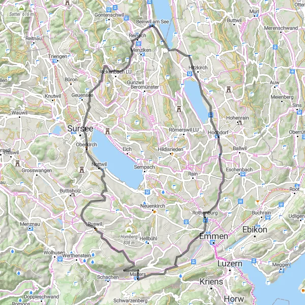 Map miniature of "Ruswil to Beinwil am See Road Cycling Route" cycling inspiration in Zentralschweiz, Switzerland. Generated by Tarmacs.app cycling route planner
