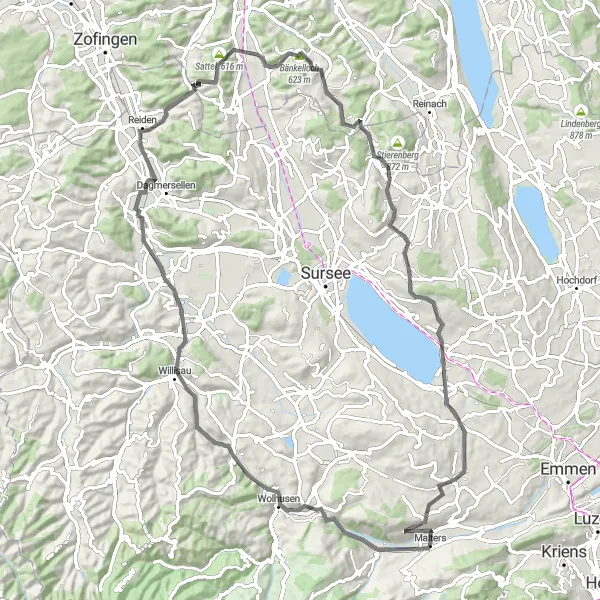 Karttaminiaatyyri "Malters - Werthenstein - Nebikon - Sattel - Staffelbach - Rickenbach LU - Bloseberg - Malters" pyöräilyinspiraatiosta alueella Zentralschweiz, Switzerland. Luotu Tarmacs.app pyöräilyreittisuunnittelijalla