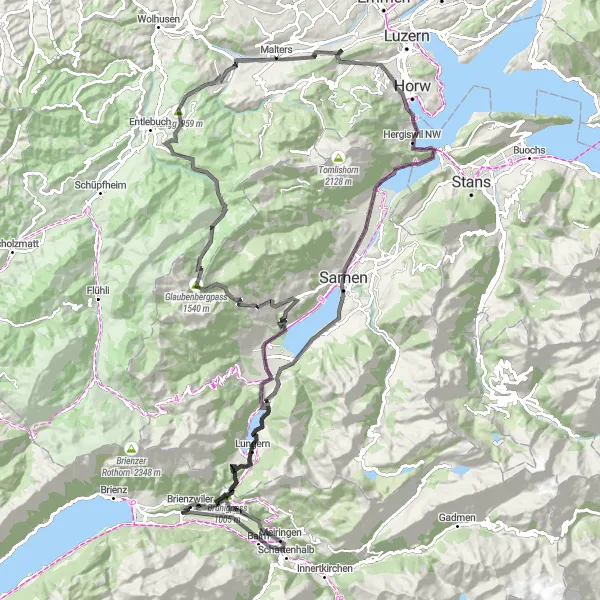 Map miniature of "Kriens to Brünigpass Road Cycling Route" cycling inspiration in Zentralschweiz, Switzerland. Generated by Tarmacs.app cycling route planner