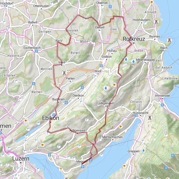 Miniatura della mappa di ispirazione al ciclismo "Giro in bicicletta da Meggen a Schloss Neuhabsburg" nella regione di Zentralschweiz, Switzerland. Generata da Tarmacs.app, pianificatore di rotte ciclistiche