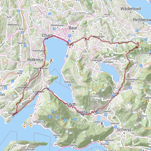 Miniaturekort af cykelinspirationen "Grusvej cykelrute til Merlischachen" i Zentralschweiz, Switzerland. Genereret af Tarmacs.app cykelruteplanlægger