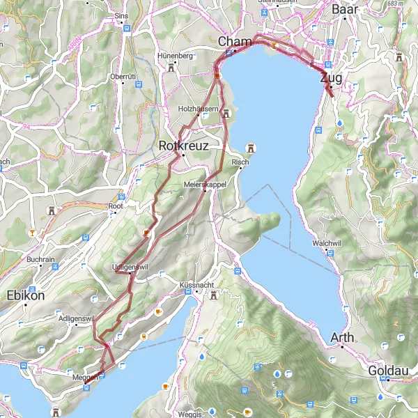Kartminiatyr av "Rundtur til Meggen via Chappelerberg, Buonas og Michaelskreuz" sykkelinspirasjon i Zentralschweiz, Switzerland. Generert av Tarmacs.app sykkelrutoplanlegger