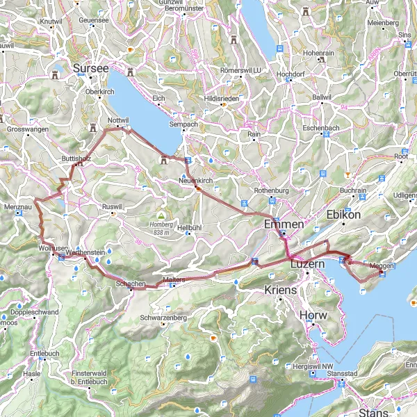 Kartminiatyr av "Grusvägsäventyr runt Meggen och Lake Sempach" cykelinspiration i Zentralschweiz, Switzerland. Genererad av Tarmacs.app cykelruttplanerare