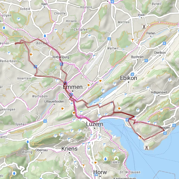 Miniatua del mapa de inspiración ciclista "Ruta de Ciclismo en Grava Meggen - Reusswehr - Spreuerbrücke - Rothenburg - Riffigweiher - Gletschergarten-Turm - Auguste Piccard - Meggen" en Zentralschweiz, Switzerland. Generado por Tarmacs.app planificador de rutas ciclistas