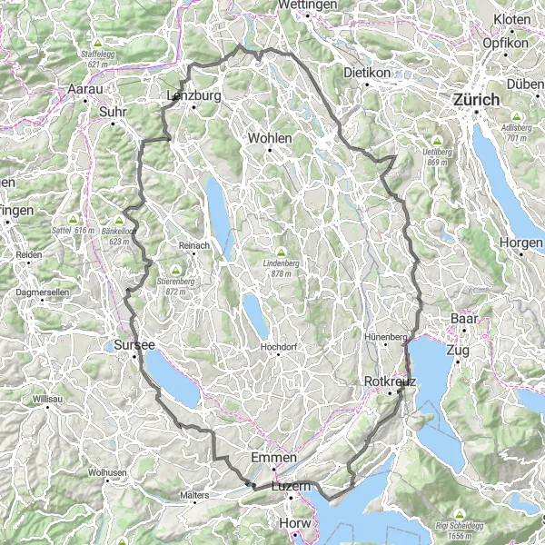Mapa miniatúra "Road cyklo výlet cez Staufberg a Mettmenstetten" cyklistická inšpirácia v Zentralschweiz, Switzerland. Vygenerované cyklistickým plánovačom trás Tarmacs.app