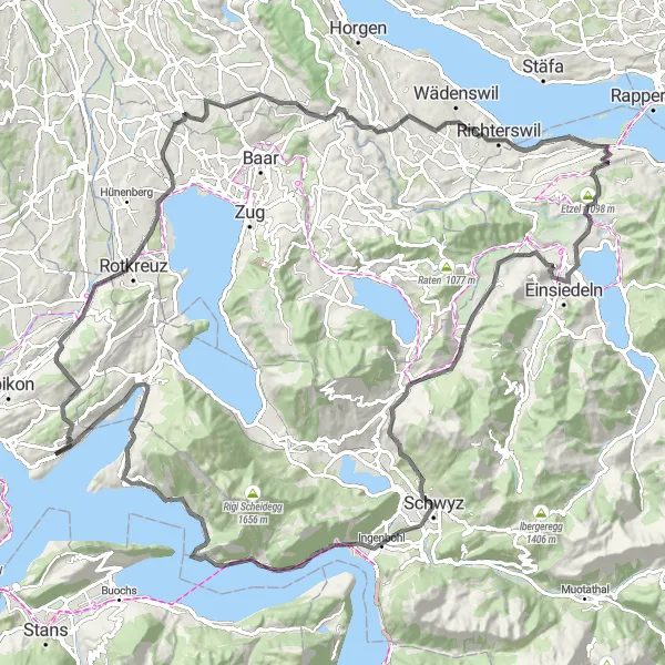 Zemljevid v pomanjšavi "Cestno kolesarjenje Meggen - Schwyz" kolesarske inspiracije v Zentralschweiz, Switzerland. Generirano z načrtovalcem kolesarskih poti Tarmacs.app