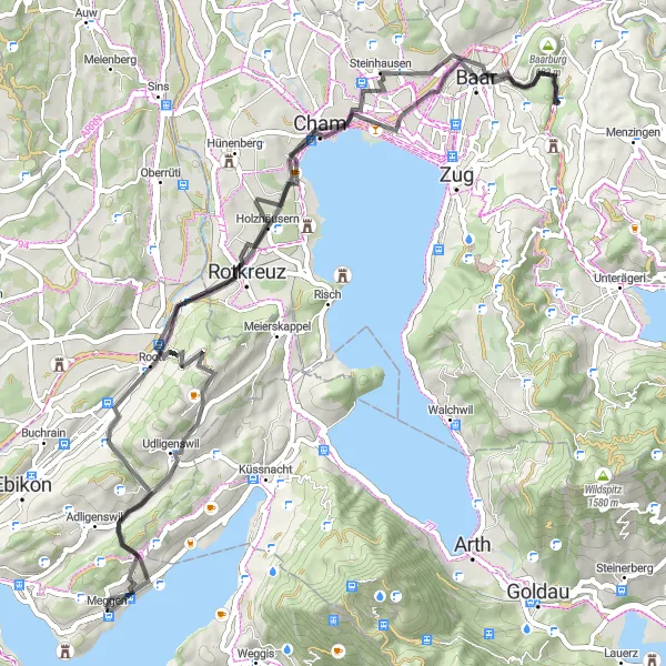 Miniatua del mapa de inspiración ciclista "Ruta de Ciclismo en Carretera Meggen - Gisikon - Baar - Baarburg - Steinhausen - Hünenberg-See - Michaelskreuz - Meggen" en Zentralschweiz, Switzerland. Generado por Tarmacs.app planificador de rutas ciclistas