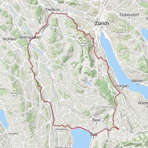 Zemljevid v pomanjšavi "Guggi - Zug - Adliswil Gravel Route" kolesarske inspiracije v Zentralschweiz, Switzerland. Generirano z načrtovalcem kolesarskih poti Tarmacs.app