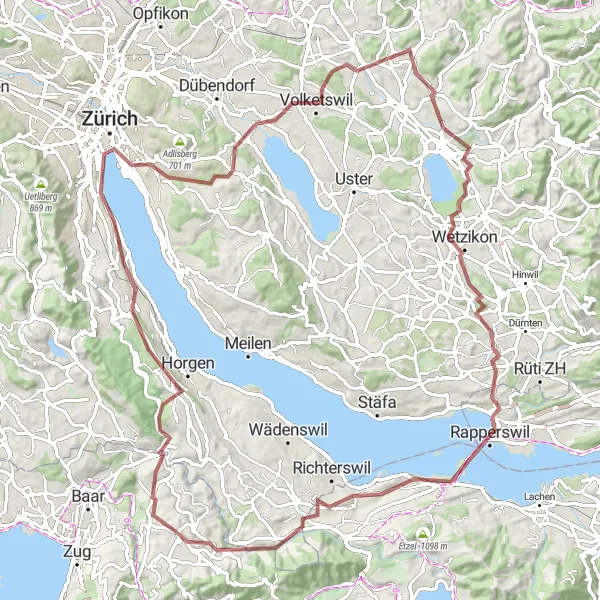 Miniatura mapy "Rowerowy szlak Thalwil-Bürkliplatz-Zurich-Volketswil-Homberg-Furtbüel-Wetzikon-Lindenhof-Wollerau-Lindenberg-Menzingen" - trasy rowerowej w Zentralschweiz, Switzerland. Wygenerowane przez planer tras rowerowych Tarmacs.app