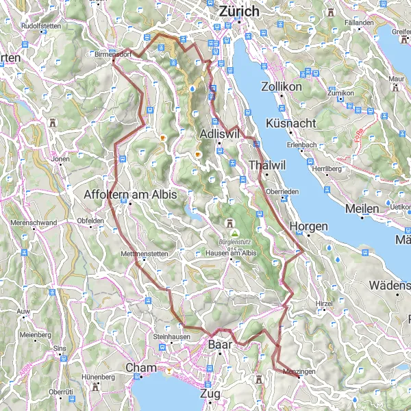 Miniatura mapy "Trasa gravelowa przez Baarburg, Baar, Mettmenstetten, Hedingen, Whiskypass, Entlisberg, Thalwil, Sihlbrugg" - trasy rowerowej w Zentralschweiz, Switzerland. Wygenerowane przez planer tras rowerowych Tarmacs.app