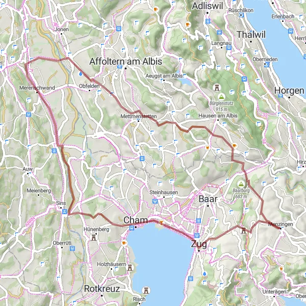 Miniatua del mapa de inspiración ciclista "Ruta de Gravel a Baarburg y de regreso" en Zentralschweiz, Switzerland. Generado por Tarmacs.app planificador de rutas ciclistas