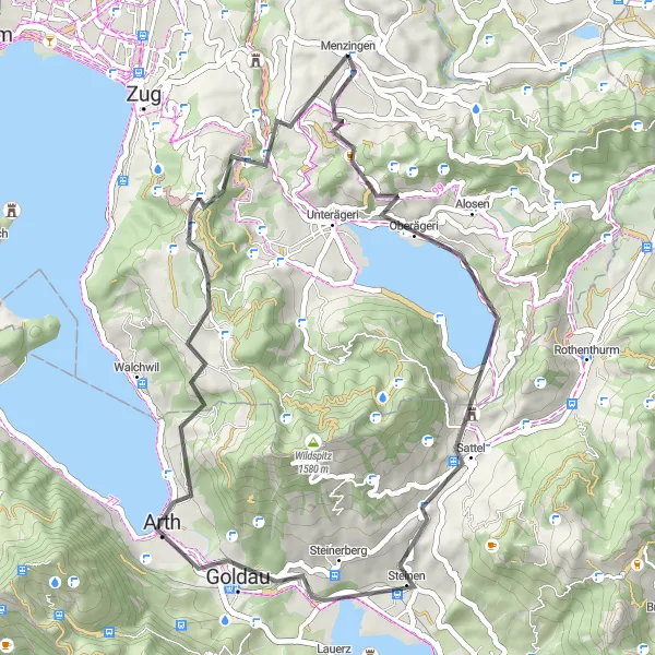 Miniatura mapy "Trasa rowerowa przez Menzingen, Ägerisee, Steinen, Unterwasserfenster / Bärengehege, Hochstock, Neuägeri" - trasy rowerowej w Zentralschweiz, Switzerland. Wygenerowane przez planer tras rowerowych Tarmacs.app