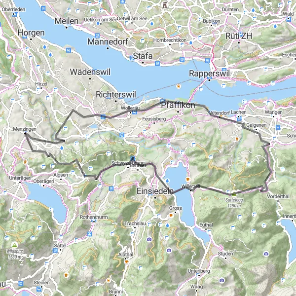 Miniatua del mapa de inspiración ciclista "Vuelta escénica alrededor de Menzingen" en Zentralschweiz, Switzerland. Generado por Tarmacs.app planificador de rutas ciclistas