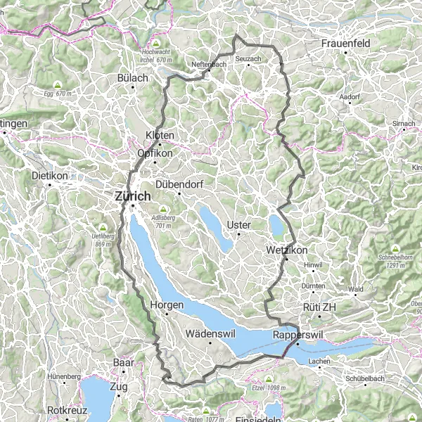 Map miniature of "Lindenberg to Winterthur Circuit" cycling inspiration in Zentralschweiz, Switzerland. Generated by Tarmacs.app cycling route planner