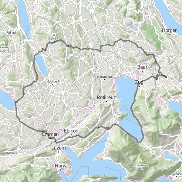 Miniatura mapy "Długa trasa szosowa przez Guggi, Zug i Lucerne" - trasy rowerowej w Zentralschweiz, Switzerland. Wygenerowane przez planer tras rowerowych Tarmacs.app