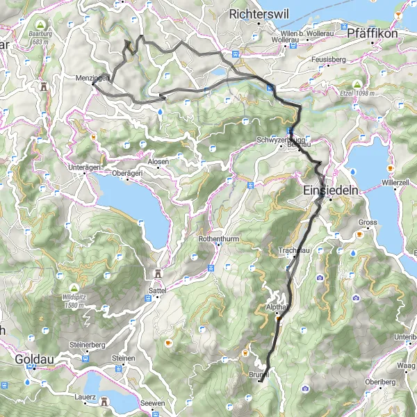 Kartminiatyr av "Veisykling rundtur gjennom pittoreske landskap nær Menzingen" sykkelinspirasjon i Zentralschweiz, Switzerland. Generert av Tarmacs.app sykkelrutoplanlegger