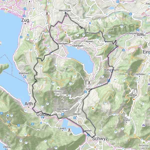 Miniaturní mapa "Trasa Menzingen-Raten-Sattel-Schwyz-Unterwasserfenster / Bärengehege-Unterägeri" inspirace pro cyklisty v oblasti Zentralschweiz, Switzerland. Vytvořeno pomocí plánovače tras Tarmacs.app