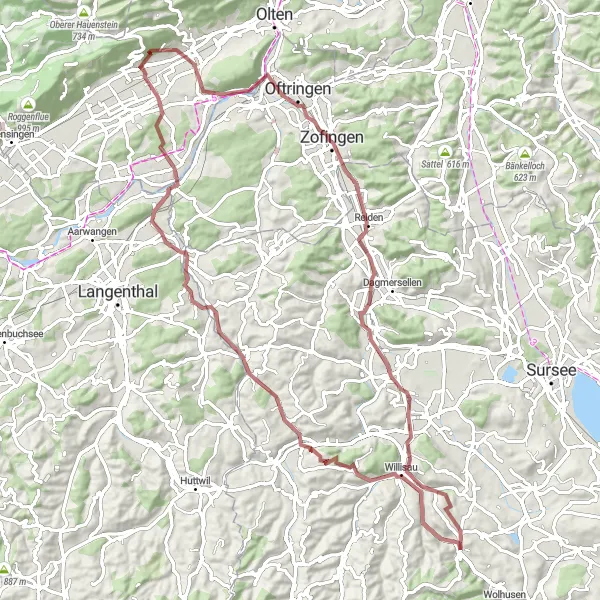 Karttaminiaatyyri "Schweiz Rundfahrt: Menznau - Willisau - Altbüron - Isehuet - Santelhöchi" pyöräilyinspiraatiosta alueella Zentralschweiz, Switzerland. Luotu Tarmacs.app pyöräilyreittisuunnittelijalla