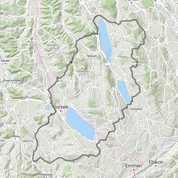 Miniatuurkaart van de fietsinspiratie "Rondrit Menznau - Grosswangen - Knutwil - Boniswil - Lindenberg - Neuenkirch - Menznau" in Zentralschweiz, Switzerland. Gemaakt door de Tarmacs.app fietsrouteplanner