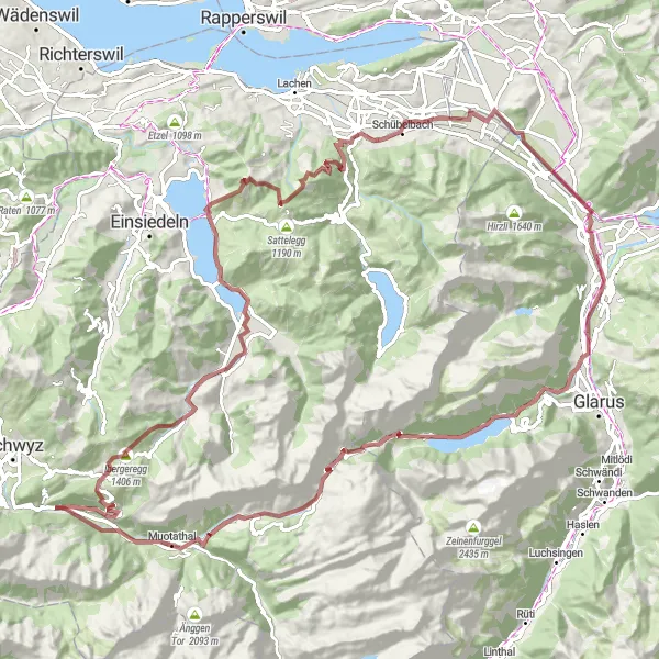 Zemljevid v pomanjšavi "Gravel round-trip cycling route from Muotathal" kolesarske inspiracije v Zentralschweiz, Switzerland. Generirano z načrtovalcem kolesarskih poti Tarmacs.app