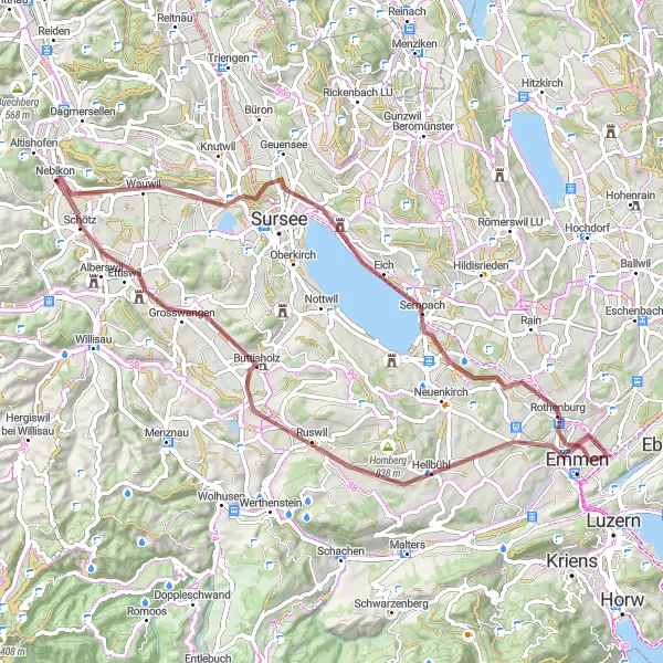 Map miniature of "Sempach Lake Loop" cycling inspiration in Zentralschweiz, Switzerland. Generated by Tarmacs.app cycling route planner