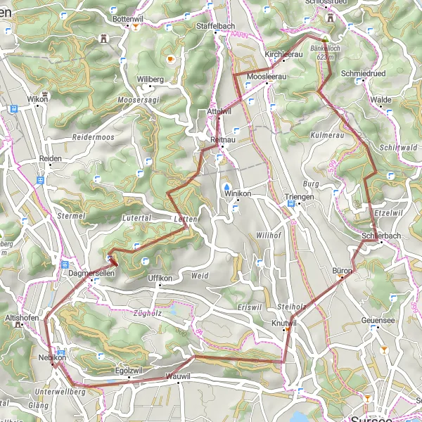 Map miniature of "Short Gravel Loop around Nebikon" cycling inspiration in Zentralschweiz, Switzerland. Generated by Tarmacs.app cycling route planner