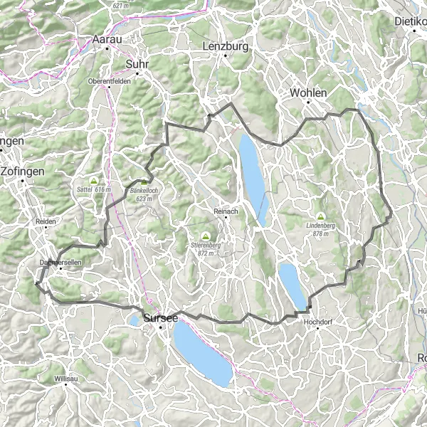 Miniatura della mappa di ispirazione al ciclismo "Percorso in bicicletta da Nebikon a Sursee attraverso Dagmersellen - Kirchleerau - Chnubel - Elleberg - Büttikon - Aristau - Beinwil - Flutmulde" nella regione di Zentralschweiz, Switzerland. Generata da Tarmacs.app, pianificatore di rotte ciclistiche