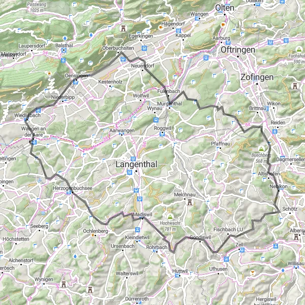 Miniaturní mapa "Cyklotrasa kolem Nebikonu" inspirace pro cyklisty v oblasti Zentralschweiz, Switzerland. Vytvořeno pomocí plánovače tras Tarmacs.app