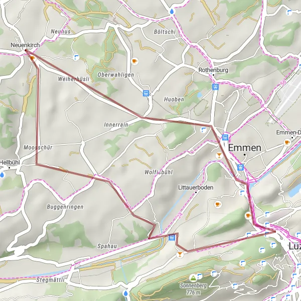 Map miniature of "Emmen Gravel Adventure" cycling inspiration in Zentralschweiz, Switzerland. Generated by Tarmacs.app cycling route planner