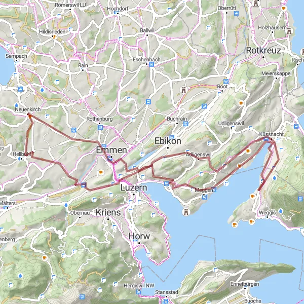 Kartminiatyr av "Emmen til Hellbühl Grusvei Loop" sykkelinspirasjon i Zentralschweiz, Switzerland. Generert av Tarmacs.app sykkelrutoplanlegger