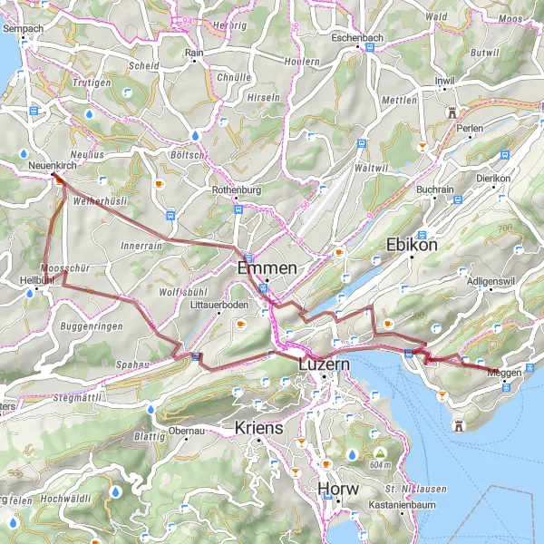 Zemljevid v pomanjšavi "Od Neuenkircha do Lucerna Gravel Bike Route" kolesarske inspiracije v Zentralschweiz, Switzerland. Generirano z načrtovalcem kolesarskih poti Tarmacs.app