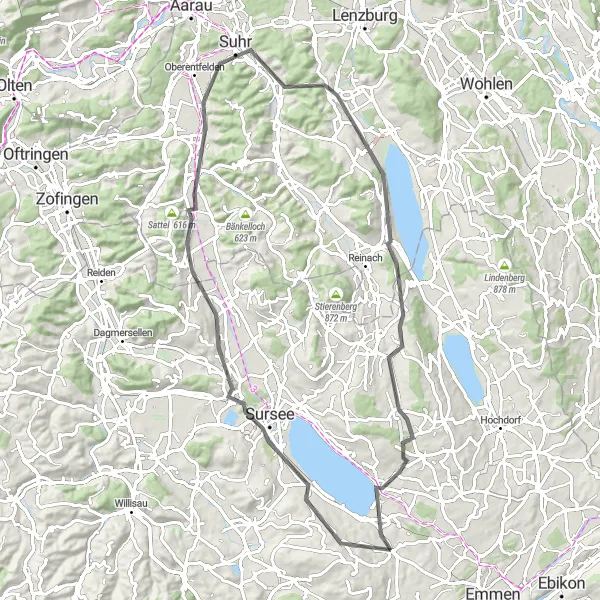 Zemljevid v pomanjšavi "Razgibana cestna kolesarska pot" kolesarske inspiracije v Zentralschweiz, Switzerland. Generirano z načrtovalcem kolesarskih poti Tarmacs.app