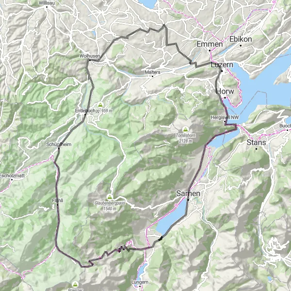Miniatua del mapa de inspiración ciclista "Desafío en Carretera por Zentralschweiz" en Zentralschweiz, Switzerland. Generado por Tarmacs.app planificador de rutas ciclistas