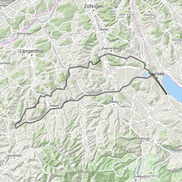 Zemljevid v pomanjšavi "Kolesarska pot okoli jezera Sempach" kolesarske inspiracije v Zentralschweiz, Switzerland. Generirano z načrtovalcem kolesarskih poti Tarmacs.app