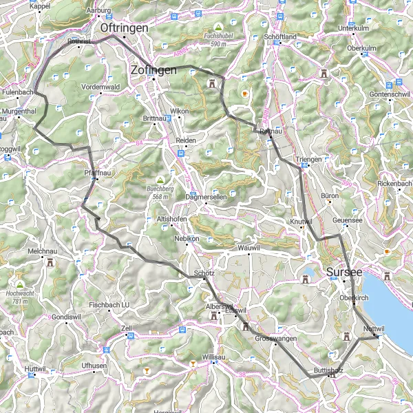Map miniature of "Challenging Road Ride to Zofingen" cycling inspiration in Zentralschweiz, Switzerland. Generated by Tarmacs.app cycling route planner