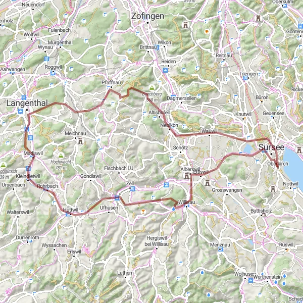 Miniatura della mappa di ispirazione al ciclismo "Avventura in bicicletta tra Willisau, Huttwil e Sursee" nella regione di Zentralschweiz, Switzerland. Generata da Tarmacs.app, pianificatore di rotte ciclistiche