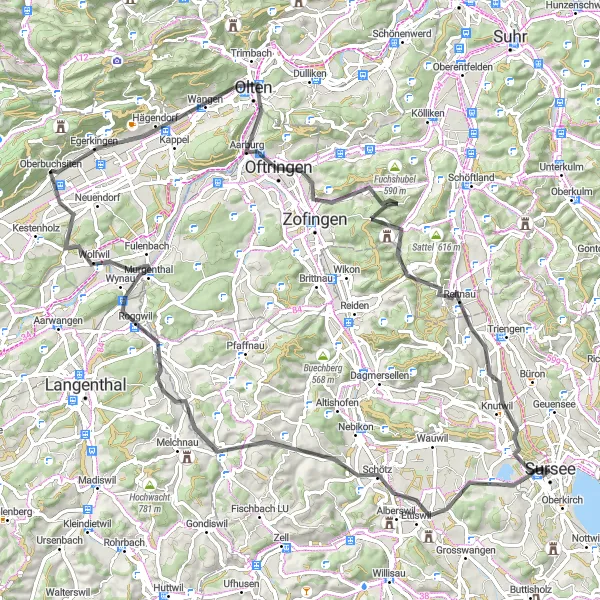 Mapa miniatúra "Oberkirch - Schötz - Altbüron - Niederbuchsiten - Hard - Oftringen - Bottenwil - Knutwil" cyklistická inšpirácia v Zentralschweiz, Switzerland. Vygenerované cyklistickým plánovačom trás Tarmacs.app