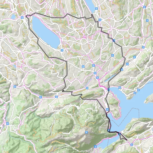 Mapa miniatúra "Oberkirch - Flutmulde - Hochdorf - Gletschergarten-Turm - Lucerne - Hergiswil NW - Rotzberg - Kriens - Sonnenberg - Nottwil" cyklistická inšpirácia v Zentralschweiz, Switzerland. Vygenerované cyklistickým plánovačom trás Tarmacs.app