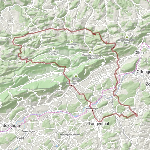 Miniature de la carte de l'inspiration cycliste "Circuit Gravel: Pfaffnau - Langenthal - Balsthal - Laupersdorfer Stierenberg - Chilchberg - Nunningen - Egg - Oberdorf BL - Belchenflue - Kappel - Murgenthal" dans la Zentralschweiz, Switzerland. Générée par le planificateur d'itinéraire cycliste Tarmacs.app