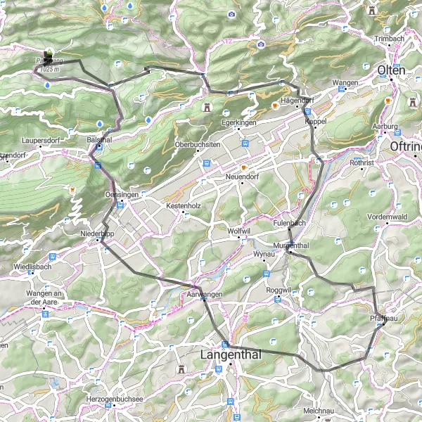 Miniaturní mapa "Cyklotrasa Pfaffnau - Isehuet - Aarwangen - Balsthal - Passwang - Oberer Hauenstein - Langenbruck - Hägendorf - Murgenthal" inspirace pro cyklisty v oblasti Zentralschweiz, Switzerland. Vytvořeno pomocí plánovače tras Tarmacs.app