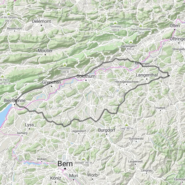 Miniature de la carte de l'inspiration cycliste "Balade à vélo panoramique à Bellach et Weierhöhe" dans la Zentralschweiz, Switzerland. Générée par le planificateur d'itinéraire cycliste Tarmacs.app