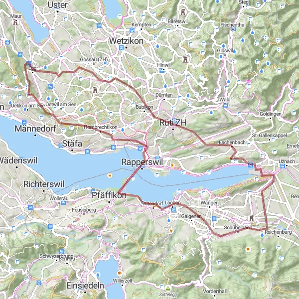Karttaminiaatyyri "Rapperswil ja Chalchbüel" pyöräilyinspiraatiosta alueella Zentralschweiz, Switzerland. Luotu Tarmacs.app pyöräilyreittisuunnittelijalla